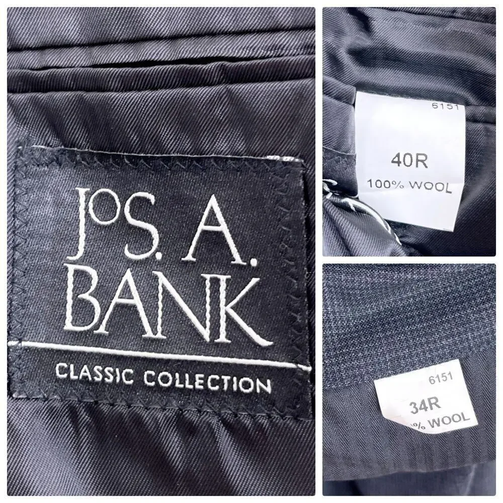 Jos A Bank Wool 2 Piece Suit Dark Gray Two Button 40R Jacket 34x29 Pleated Pants